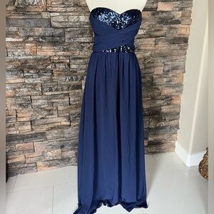 Navy Blue Sequin Strapless Prom Gown